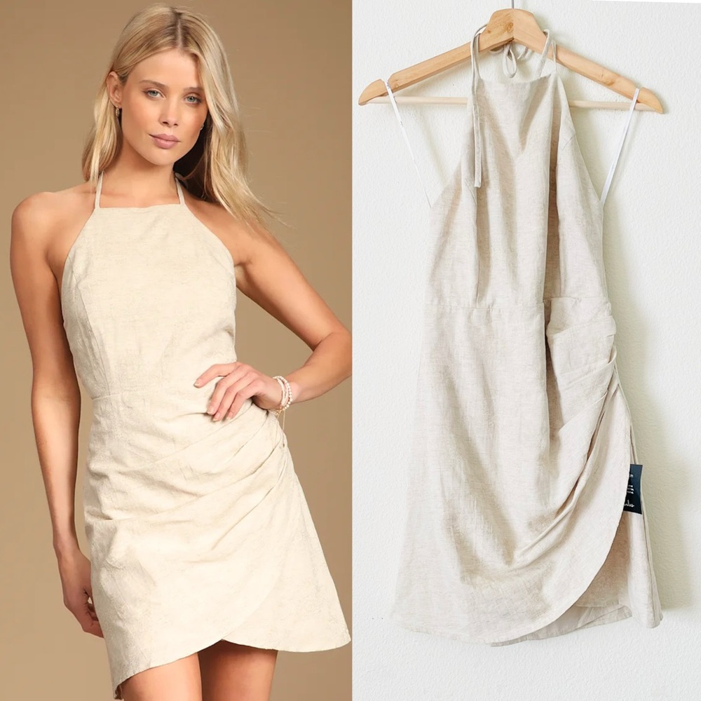 NWT Lulu’s MEDIUM Fair Skies linen back cream jacquard tie back mini tulip dress